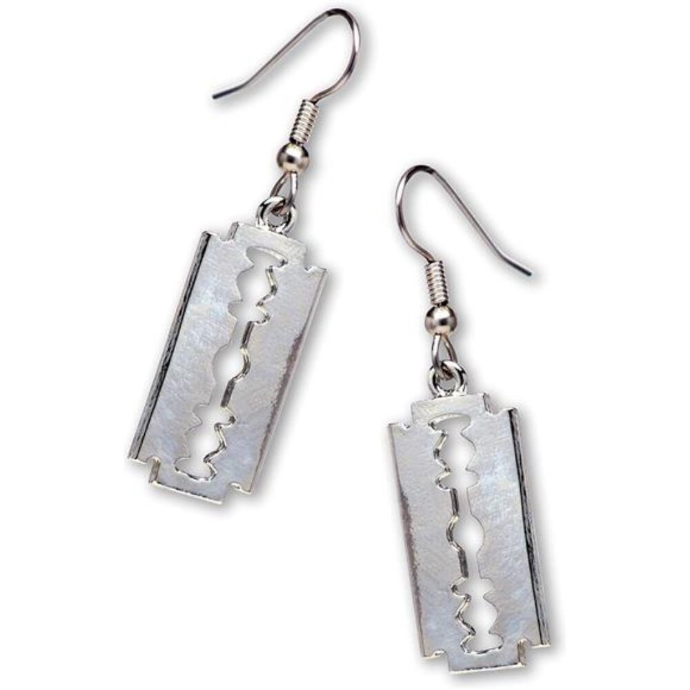 Gothic Razor Blade Dangle Earrings - Polished Silver Finish Pewter Metal Jewelry